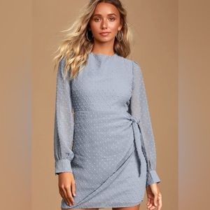 Lulus Light Blue Much Love Swiss Dot Long Sleeve Tie Front Mini Dress Size L